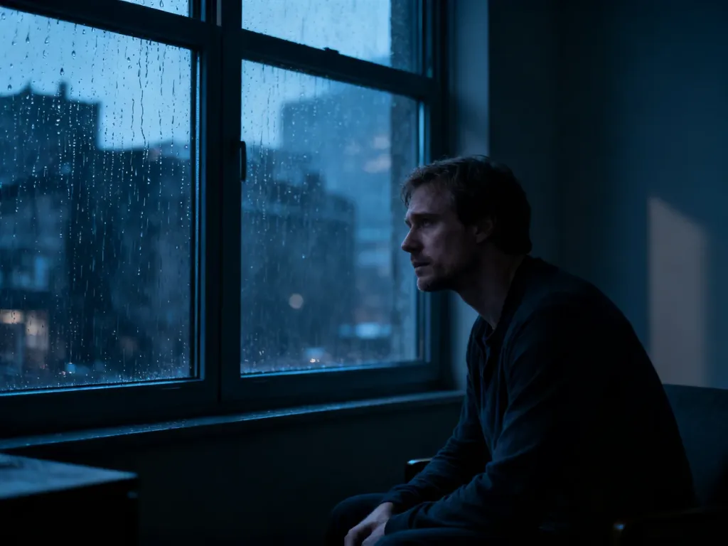 Samotny mężczyzna patrzący przez deszczowe okno na nocne miasto, ilustrujący melancholijny nastrój typu doomer.