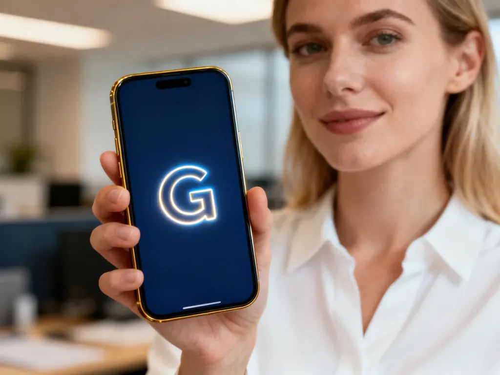 Nowoczesny smartfon z podświetloną ikoną litery „G” na ekranie w minimalistycznym biurowym otoczeniu.
