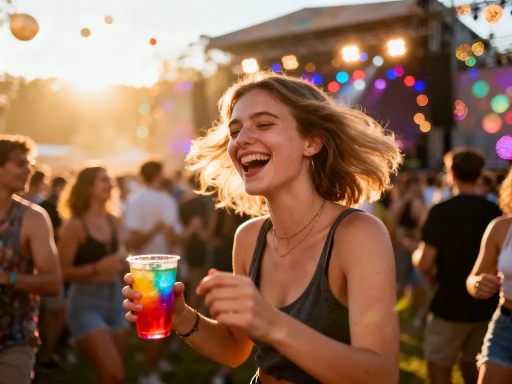 Uśmiechnięta kobieta tańcząca z napojem na tle rozmytego tłumu podczas słonecznego festiwalu muzycznego.