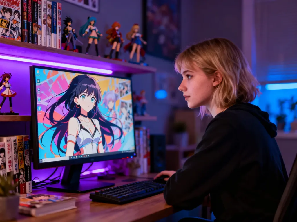 Młoda kobieta w pokoju pełnym mangi i figurek anime, przeglądająca na monitorze grafikę w stylu japońskiej animacji.