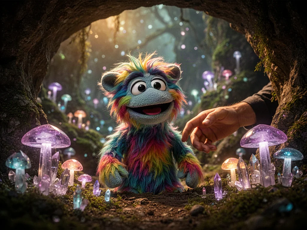 Kolorowy, futrzasty Fragles uśmiecha się w magicznej, podziemnej jaskini pełnej świecących grzybów.